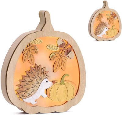 Herfst decoratie-sfeerlamp-lampen-Verlichte herfstdecoraties - Egel LED-tafeldecoraties - Pompoen- en glitterlampjes - Houten herfstlampjes voor de oogst, Halloween, herfstdecoratie voor thuis - 15,4 x 12,5 cm