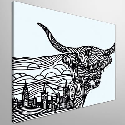 Line art schotse hooglander schilderij | Graceful Delineation: Majestic Scottish Highland Cattle Masterpiece in Art | Kunst - 30x30 centimeter op Canvas | Foto op Canvas