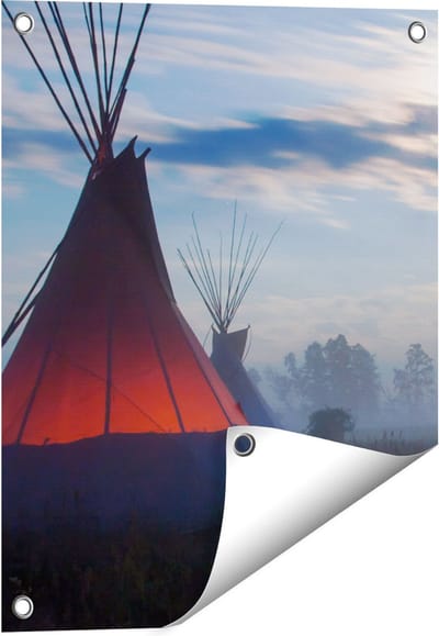 Gards Tuinposter Indianen Tipi in de Nacht tijdens de Mist - 40x50 cm - Tuindoek - Tuindecoratie - Wanddecoratie buiten - Tuinschilderij