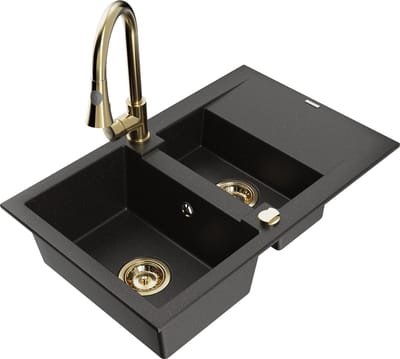 Mexen Gaspar granieten spoelbak 1,5-komorowy met druiprek en keukenmengkraan Elia, zwart/gouden metallic - 6507-75-670101-50