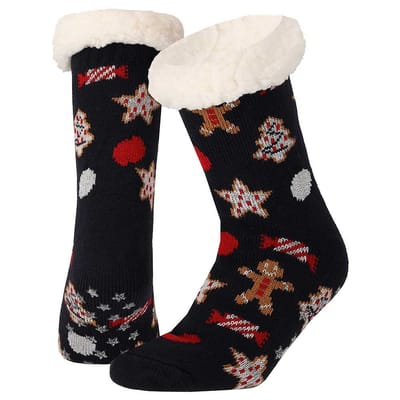 Morethansocks - Huissokken kerst dames - One size - Multi blauw - Fluffy sokken kerst - anti slip sokken kerst - Huissloffen kerst - kerstsokken dames