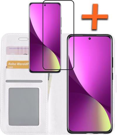 Hoes - Met Screenprotector - Geschikt voor Xiaomi 12X - Luxe Pasjeshouder - Bookcase Portemonee - Flip Case - Kunstleer Book Case - Flipcase - Book Cover - Walletcase - PortemonneeHoes - Wit
