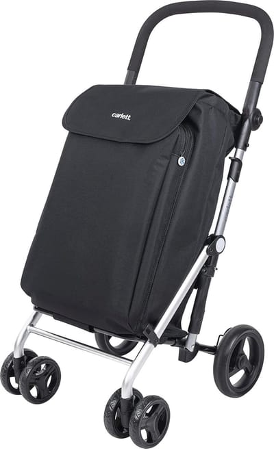 SnelShoppen - Opvouwbare Winkelwagen 4 Wielen met Verstelbaar Stuur, Veiligheidsrem en Uitbreidbare Tas 58L, Koeltas 12L - Zwarte Supermarktkar voor G