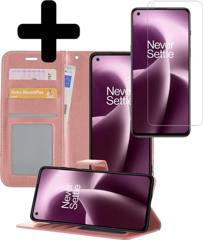Hoesje - Met Screenprotector - Geschikt voor OnePlus Nord 2T - Luxe Pasjeshouder - Bookcase Portemonee - Flip Case - Kunstleer Book Case - Flipcase - Book Cover - Walletcase - Portemonneehoes - Telefoonhoesjes - Rosé goud