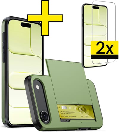Hoesje Geschikt voor iPhone Air Hoesje Case Pashouder Hard Cover Met 2x Screenprotector - Hoes Geschikt voor iPhone Air Hoesje Met Kaarthouder - Donkergroen