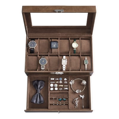 SONGMICS - Horloge Doos - Met Glazen Deksel - 2 Lagen - Voor 12 Horloges - Afsluitbaar met Lade