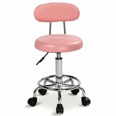 Professionele Salon Kruk Roze met Rugleuning – In Hoogte Verstelbare Werkkruk (48–58 cm) – 360° Draaibaar – PU Zitvlak met Wielen – Voor Beauty & Nagelstudio