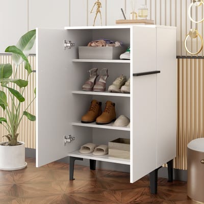 DESMIU Schoenenkast - Modern Design Met Dubbele Deuren En Verstelbare Planken - Voor Hal En Entree - Spaanplaat - 60x34,5x95 Cm - Wit Zwart