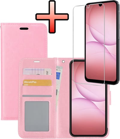 Hoesje - Met Screenprotector - Geschikt voor Samsung Galaxy A17 - Luxe Pasjeshouder - Bookcase Portemonee - Flip Case - Kunstleer Book Case - Flipcase - Book Cover - Walletcase - Portemonneehoes - Lichtroze