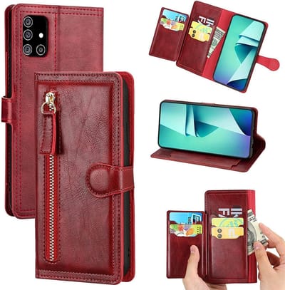 Premium vintage portemonnee hoesje met ritssluiting flip-cover hoes met kaarthoudersleuven Geschikt voor: Samsung Galaxy A32 5G - rood