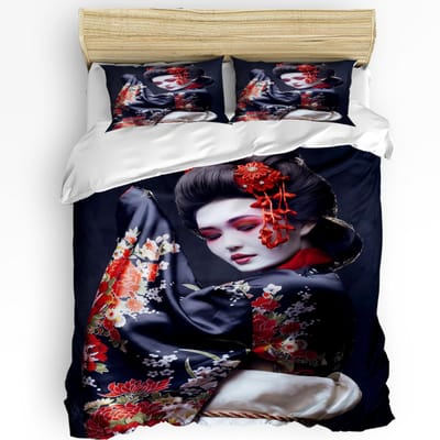 Japanse Geisha Karper Esdoornblad 3-delig Beddengoed Set Voor Slaapkamer Tweepersoonsbed Thuis Textiel Dekbedovertrek Dekbedovertrek Kussensloop AU Double(180x210cm)