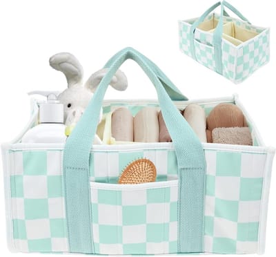 Organisator voor luiertafel, Luiertas Organizer, Opbergmand voor Verschoontafel met Waterdichte Tassen en Verdelers, Babyaccessoires en Nieuweborn Benodigdheden (Groen)