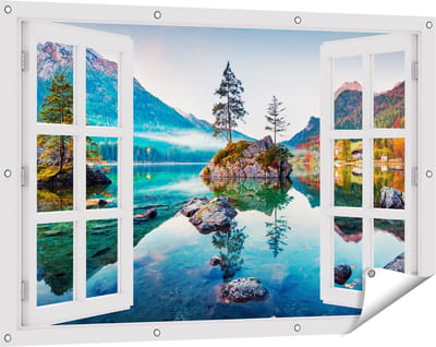 Gards Tuinposter Doorkijk Meer in de Bergen tijdens de Herfst - 120x80 cm - Tuindoek - Tuindecoratie - Wanddecoratie buiten - Tuinschilderij