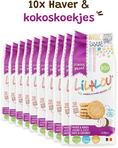 10x LilaLou Biscuits Haver & kokoskoekjes 117g - Bio, vegan, lactose free & less sugars