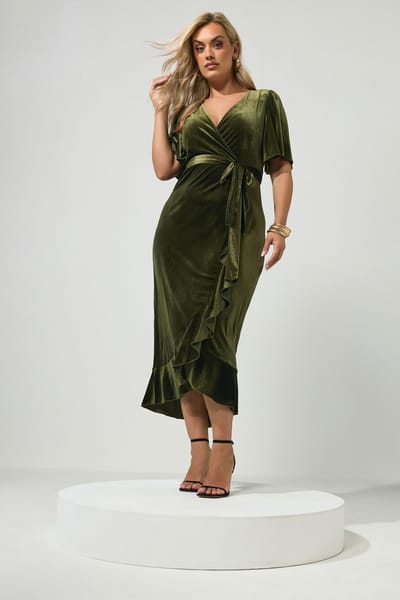Yours London Groene Fluwelen Wikkeljurk Size 42