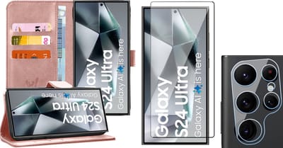 Hoesje geschikt voor Samsung Galaxy S24 Ultra - Screenprotector Volledig Dekkend Glas & Camera - Portemonnee Book Case Rosegoud