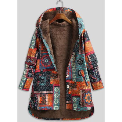 Vrouwen Vintage Losse Capuchon Jas Bloemenprint Fleece Voering Geknoopt Plus Size Winter Warme Parka L