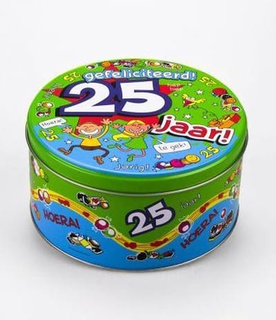 Drop - Snoeptrommel - 25 jaar - Gevuld met Drop - In cadeauverpakking met gekleurd lint