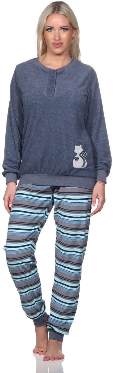 Dames badstof pyjama broek gestreept - leuk luiaard dierenmotief - ook in oversized maten