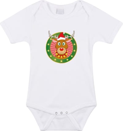 Kerst baby rompertje met Rudolf het rendier wit jongens en meisjes - Kerstkleding baby 56