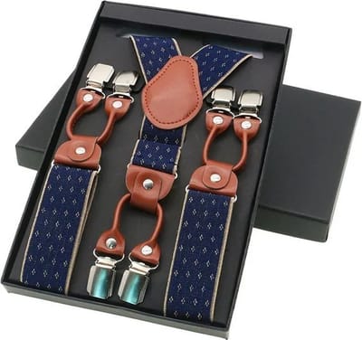 Sorprese - Luxe Chique Bretels - Donkerblauw Diamond Design - Midden Bruin Leer - 6 Stevige Clips - Bretels Heren Volwassenen