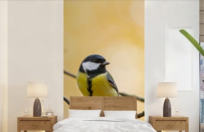 Behang - Fotobehang Koolmees - Tak - Vogel - Dieren - Breedte 120 cm x hoogte 240 cm