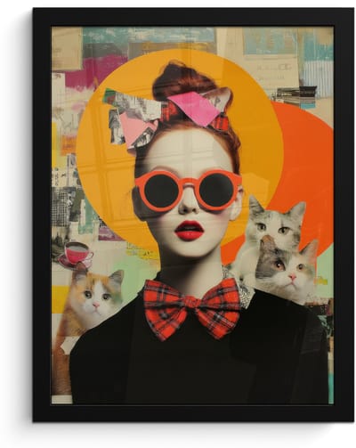 Poster in lijst - Fotolijst 30x40 cm - Posters - Vrouw - Bril - Strik - Retro - Posterlijst zwart - Decoratie - Wanddecoratie woonkamer - Muurdecoratie slaapkamer
