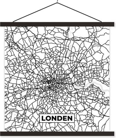 Posterhanger incl. Poster 60x60 cm - Schoolplaat - Londen - Stadskaart - Plattegrond - Zwart Wit - Kaart - Textielposter - Zwarte latten - Stadskaart