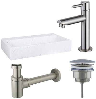 FugaFlow Eccelente Arredo fonteinset - 38x24x8cm - 1 kraangat - marmer - fonteinkraan RVS geborsteld - wit -