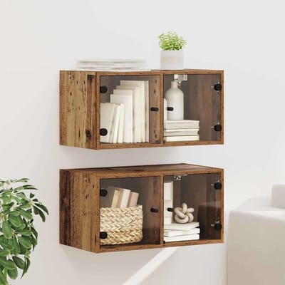 Wandkasten Set - Opbergkasten - Woonkamer Ordenen - Glazen Deuren - 68 x 37 cm - Oud Hout