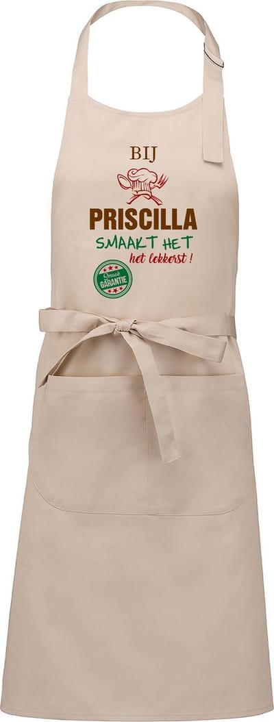 Naamcadeau - Naamschort - Keukenschort met je naam - Kookschort - verjaardag - moederdag - beige - het smaakt het lekkerst bij: Priscilla