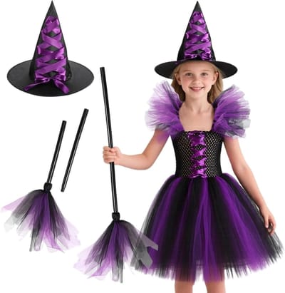 Halloween Tovenaar Kostuum voor Meisjes, Inclusief Tovenaar Hoed en Bezem, Perfect voor Carnaval en Feestjes