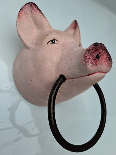Denza - Gietijzeren varkenskop met ring voor handdoek - handdoek rek - giet ijzer - voor binnen of buiten