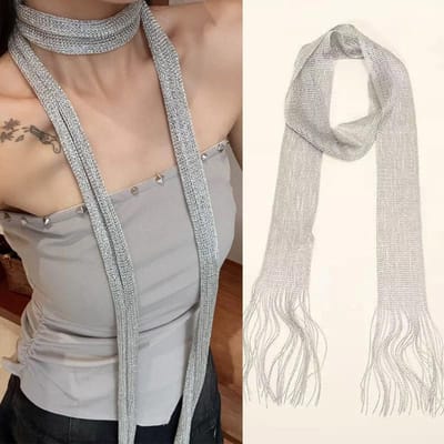Écharpe Fashion à Dentelle Brillante et Pompons pour Femmes Fil Métallique Or Argenté Longue Étole pour Boîte de Nuit Fête Robe de Soirée Châle Protection Solaire 8x200cm gray