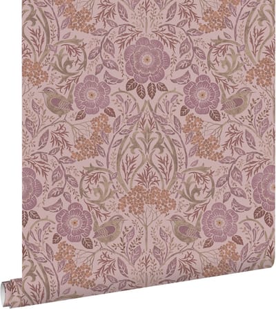 ESTAhome behang bloemen en vogels oudroze en lila paars - 50 x 900 cm - 131209