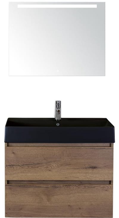 Maxx XL Badmeubelset 80 cm - Tabacco - Wastafel Kube Zwart 1 Kraangat met LED Spiegel
