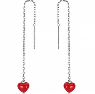 Zilveren doorsteek oorbellen - met klein rood hartje - Charme Bijoux