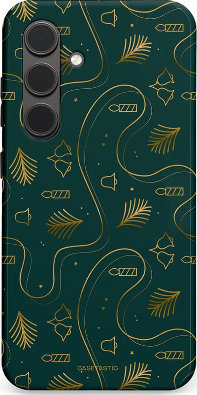 Casetastic hoesje geschikt voor Samsung Galaxy S24 - Dubbellaagse bescherming - Groene kerst bellen en takken - Fashion Case - Donkergroen Donkergrijs Petrol