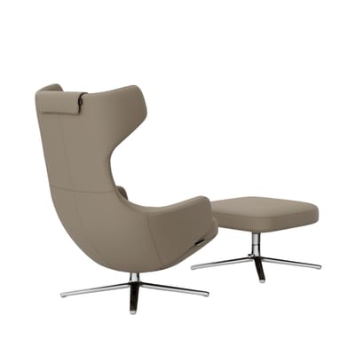 Vitra Grand Repos Fauteuil & Ottoman - gepolijst aluminium - Leder Premium F sand  - Zithoogte 40 cm