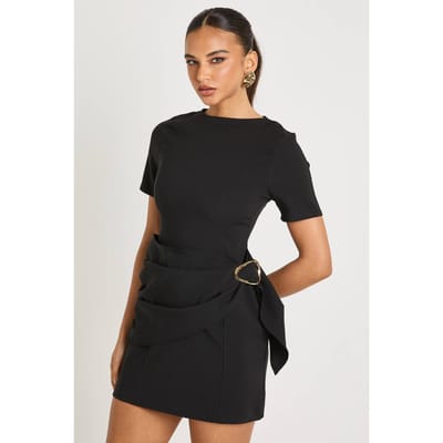 boohoo Dames Met riem wikkelaccentdetail shiftjurk | Black | Maat: 10