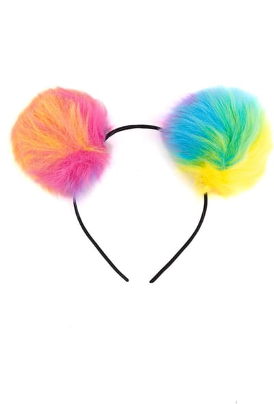 KIMU® Haarband Beertje Pompoms Bolletjes Diadeem Regenboog - Oortjes Beer Bolletjes - Kawaii Japan Cute Oren Meisje Dames Festival