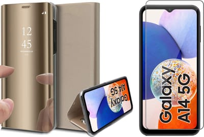 Hoesje geschikt voor Samsung Galaxy A14 - Screen Protector GlassGuard - Book Case Spiegel Goud & Screenprotector