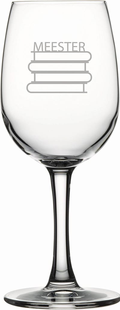 Gegraveerde witte wijnglas 26cl Meester met boeken