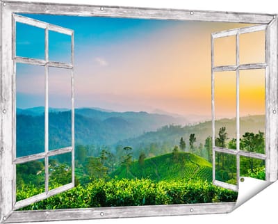 Gards Tuinposter Doorkijk Zonsondergang op een Thee Plantage - 150x100 cm - Tuindoek - Tuindecoratie - Wanddecoratie buiten - Tuinschilderij