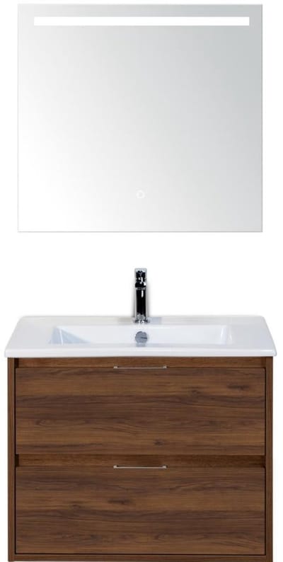 Porto Badmeubelset 70 cm - Walnoot - Keramische Wastafel Wit Slim met Sence Spiegel