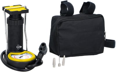 Dunlop Mini Voetpomp - Luchtpomp - Bandenpomp - Inclusief 3 Adapters - Analoge Drukmeter - met Opbergtas