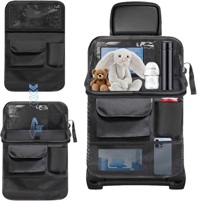 Famanu – Rugleuningbescherming - organizer - auto-organizer - bescherming van de rugleuning van de auto - multi-pocket organizer - autostoel organizer met klaptafel - 8 vakken tot 11 inch tablet