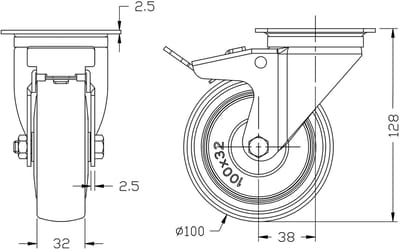 100 mm (4") zwenkwiel met grijs rubber en rem, draagvermogen 220 kg, set van 2