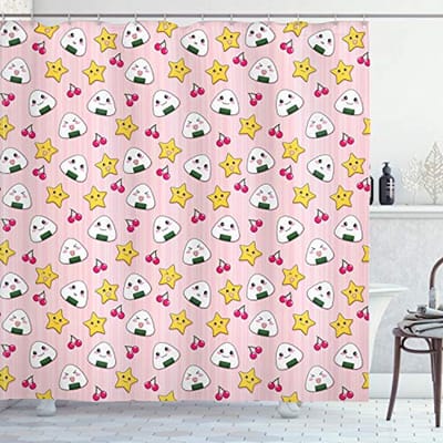 ABAKUHAUS – Anime-douchegordijn 175x220 cm – Polyester stof – Roze & Geel