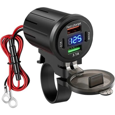 Motorfiets USB Snellader Stuur USB-stopcontact Adapter met Schakelaar Voltmeter Waterdicht 12V/24V Voedingsadapter 83W grijsbruin